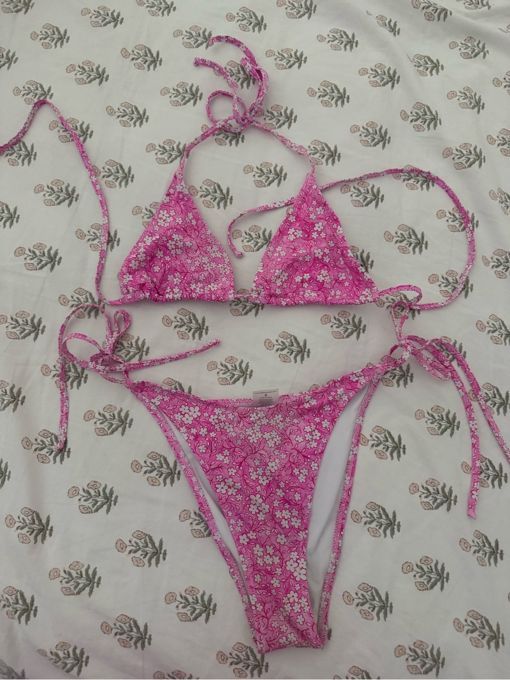 Floral Pink Tie-Side Triangle Bikini Set